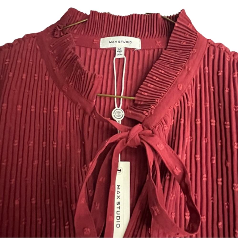 NWT Max Studio Accordion Pleat Bishop Sleeve Swiss Dot Blouse Terracotta Red M - Picture 3 of 7